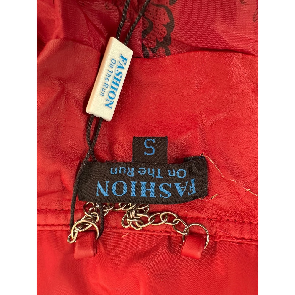 Red Ruffle Faux Leather Jacket Small Moto Biker Cropped Fashion On The Run - Picture 10 of 14